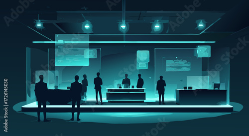 Digital Exposition: A vibrant digital illustration showcasing a cutting-edge trade show, filled with anonymous silhouettes, embodying the pulse of innovation.