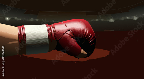 Punching for Glory: A powerful image of a gloved fist, blood splattered against a stadium canvas, showcasing the raw intensity of the sport of boxing.