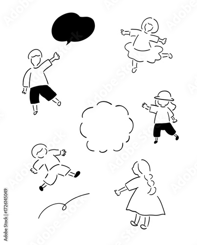 遊ぶ子どもたち_手描きイラスト_ベクター｜｜Playing Children_Hand-Drawn Illustration_Vector