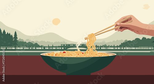 Noodle Delights: A hand delicately lifts a flavorful mouthful of noodles from a vibrant bowl, against a backdrop of a serene vista, embodying the essence of a culinary journey.