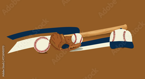 Baseball Essentials: An illustrated composition showcases baseball essentials, including a baseball, baseball bat, baseball glove, baseball cap, and a baseball ball in the image.