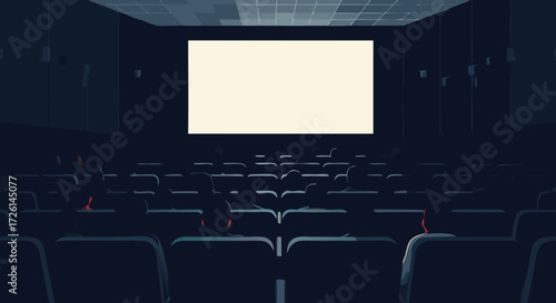 Movie Theater: Rows of empty seats face a blank screen, illuminated by soft, diffused light in a nearly empty cinema hall, inviting anticipation for a new cinematic experience.