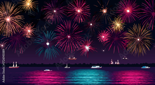 Fireworks Spectacle Over Water: A vibrant display of fireworks illuminates the night sky, reflecting beautifully off the calm water, offering a mesmerizing scene of celebration.