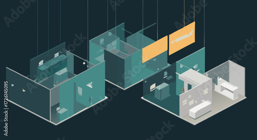 Exhibition Layout: A detailed artistic rendering showcases an isometric view of an exhibition gallery design, providing a bird's-eye perspective of the architectural concept.
