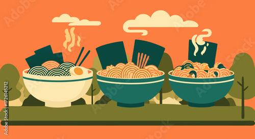 Appetizing Culinary Trio: A colorful illustration of three distinct bowls of flavorful noodles, seaweed, and garnishes, artfully arranged with a vibrant backdrop of natural elements.