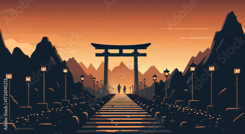 Serene Torii Gate Pathway: A stylized illustration of a tranquil pathway leading to a torii gate, nestled between serene mountain silhouettes under a warm sunset.