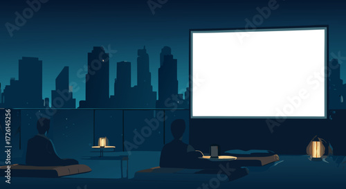 Movie Night Under the City Lights: A serene scene unfolds as two individuals enjoy an outdoor movie night under the starlit sky, the towering city skyline providing a dramatic backdrop.