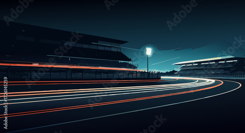 Night Race Track Panorama: A dynamic panorama of a race track at night, showcasing blurred streaks of light from speeding vehicles set against the backdrop of stadium architecture.