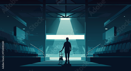 Solitary Figure at the Stadium Entrance: A lone silhouette stands poised at the entrance of an empty stadium. The solitary figure is holding chair.