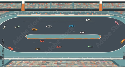 Racing Arena: Top-down view of a bustling race track where cars compete, set against a backdrop of stadium seating filled with cheering spectators. A dynamic scene of speed, competition.
