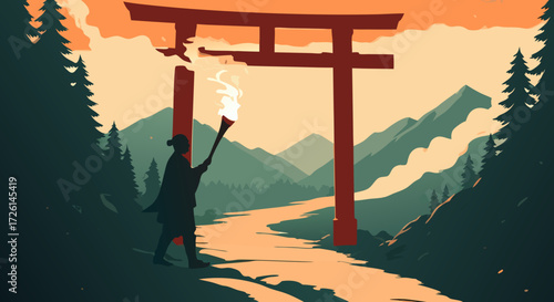 Torii Gate Silhouette: A lone figure walks toward a traditional Japanese Torii gate, holding a flaming torch in a scenic mountain landscape, evoking a sense of mystery and cultural reverence.