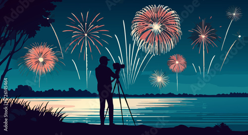 Capturing the Celebration: A silhouette of a photographer capturing the stunning fireworks display lighting up the night sky over a tranquil lake.