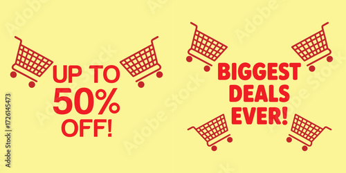 Shopping Cart Sale Banners Set: Up to 50% Off and Biggest Deals Ever Promotion