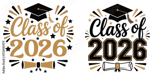 Tableau sur toile Class of 2026 Graduation Bundle with Mortarboard, Diploma, and Starburst Element