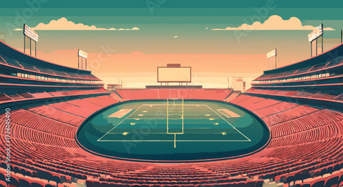 Stadium of Dreams: A vast and awe-inspiring stadium awaits, its red seats rising to meet a vibrant sky, the meticulously marked field beckoning a game of skill and strategy.