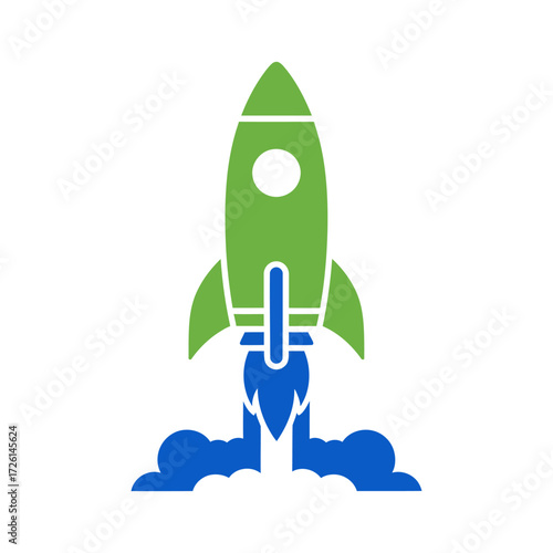 Green rocket launching into space with blue smoke and fire creating a sense of innovation and progress, symbolizing a startup's journey to success.