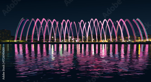 Nighttime Water Show: An elegant display of vibrant pink arches illuminates a calm lake, reflecting the stunning lights in the water with an alluring ambiance.