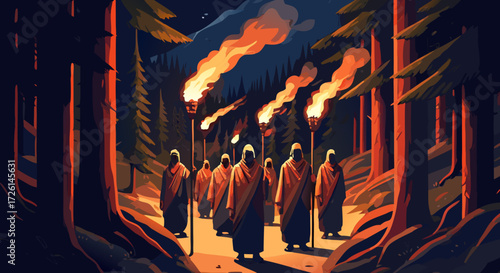 Nocturnal Procession: A mystical night scene unfolds, featuring a procession of figures walking through a shadowy forest, illuminated by the fiery glow of torches.