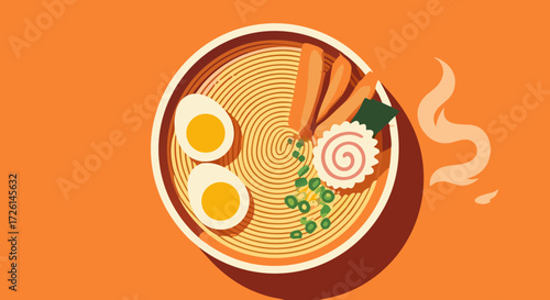 Savory Ramen Harmony: A vibrant artistic illustration of a bowl of ramen noodles, garnished with meticulously arranged, steaming presentation.