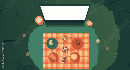 Digital Picnic: An inviting digital picnic scene, with a laptop screen acting as a modern-day window, atop a picnic blanket laden with fresh fruit and snacks in a natural, outdoor setting.