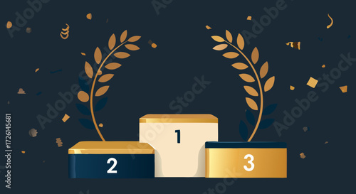 Podium of Success: A captivating vector illustration showcases a sleek podium set against a deep blue backdrop, celebrating first, second.
