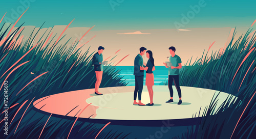 A Coastal Embrace: A tender scene of a couple sharing a close moment, surrounded by friends, set against a tranquil coastal background.