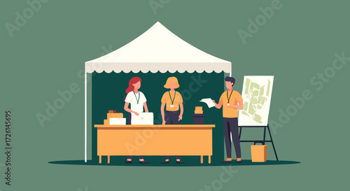 Event Registration:  A vibrant illustration captures the essence of an event registration booth, featuring two staff members and a visitor, alongside a detailed map, all under a welcoming tent.