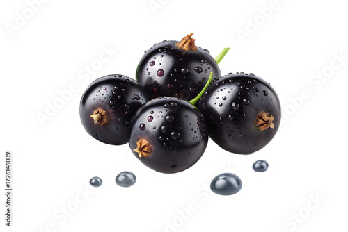 Fresh blackcurrants with water droplets and green leaves on transparent background 