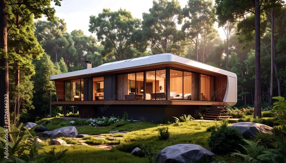 Obraz premium Modern house nestled in a forest (1)