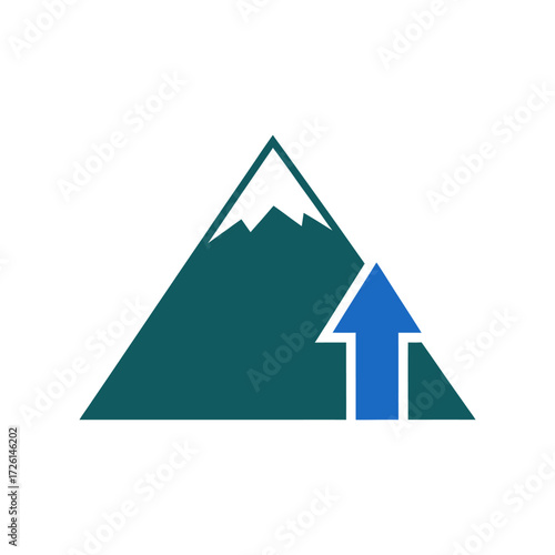 Mountain peak rises with upward arrow symbolizing growth and achievement in a minimalist style, representing progress and aspiration.