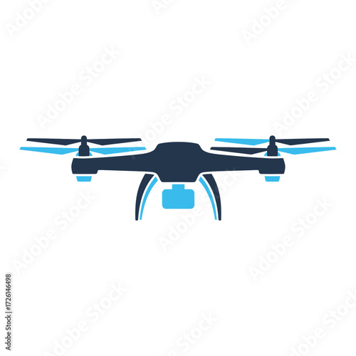 Drone hovers in the air with camera attached, showcasing modern technology and aerial capabilities for photography and videography.
