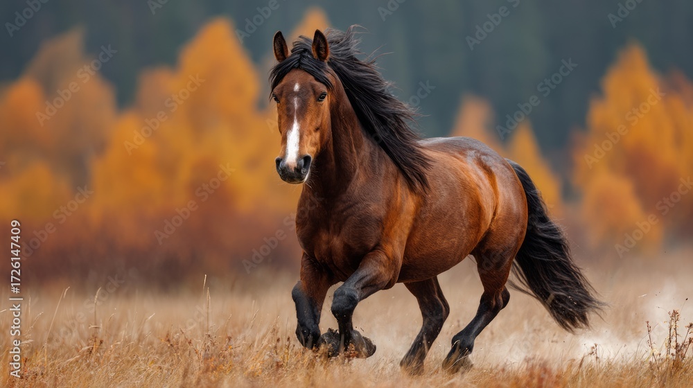 Obraz premium Majestic Brown Horse Galloping Through Autumn Field with Colorful Foliage