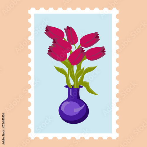 Postage stamp with the image of a bouquet of tulips in a vase. Vector illustration isolated on a beige background.