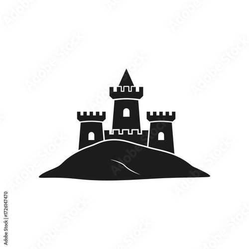 Majestic castle sits atop a hill, overlooking the surrounding landscape with its imposing towers and strong walls, evoking a sense of history and power.