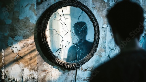 Broken dusty mirror in wooden frame reflects blurred silhouette of a person standing in dim light, surrounded by cobwebs and worn textures in an abandoned room. Generative by AI