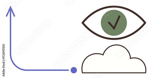 Growth arrow curving upward, eye with green check over a cloud. Ideal for success, vision, progress, analytics, strategy, cloud computing monitoring. Minimalist flat metaphor