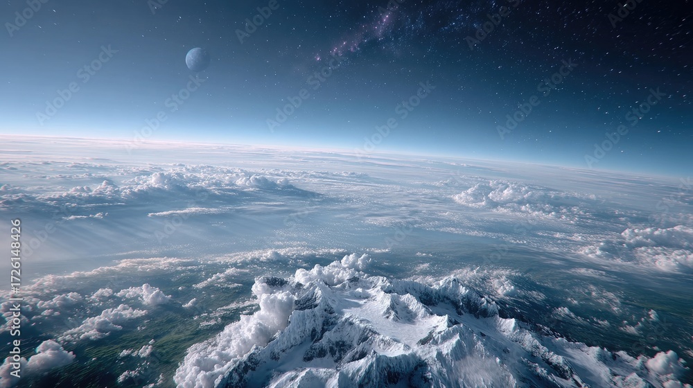 Fototapeta premium Scenic Earth View from Space with Blue Planet Light Atmospheric Perspective and Cloudscape Mountain Peaks and Celestial Starry Background