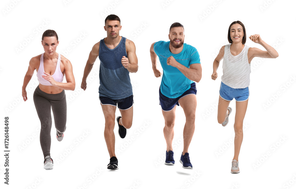 Obraz premium Sporty men and women running on white background