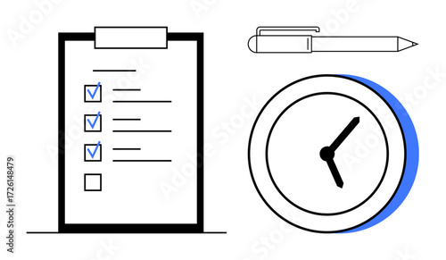 Clipboard with checklist, clock for time tracking, and pen symbolizing organization and task management. Ideal for productivity, time management, business, planning, organization, workflow simple