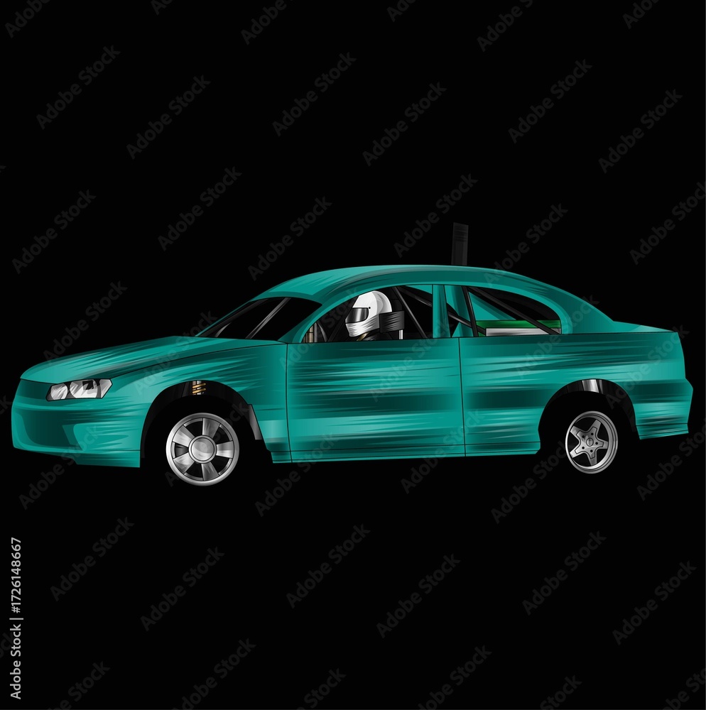 Fototapeta premium Green and painted racing car. Isolated in black background, for t-shirt design, print. and for business purposes.