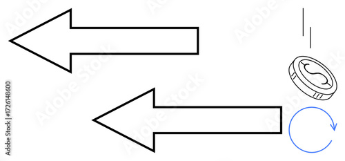 Two bold, opposing arrows, a coin flipping mid-air, and a circular motion icon represent choice, direction, decision, trade-off, motion renewal and balance. Ideal for strategy finance