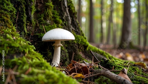 White mushroom in mossy forest floor