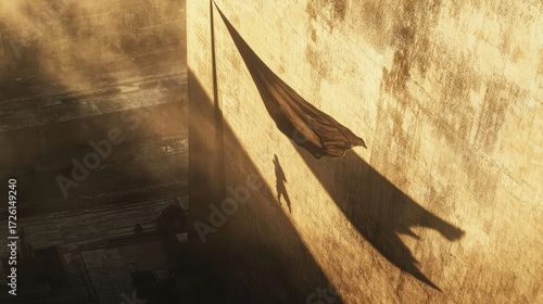 Flag waves in the wind at sunset on a wide open square with low skyline, glowing sunlight reflecting across empty tiled surface. Generative by AI