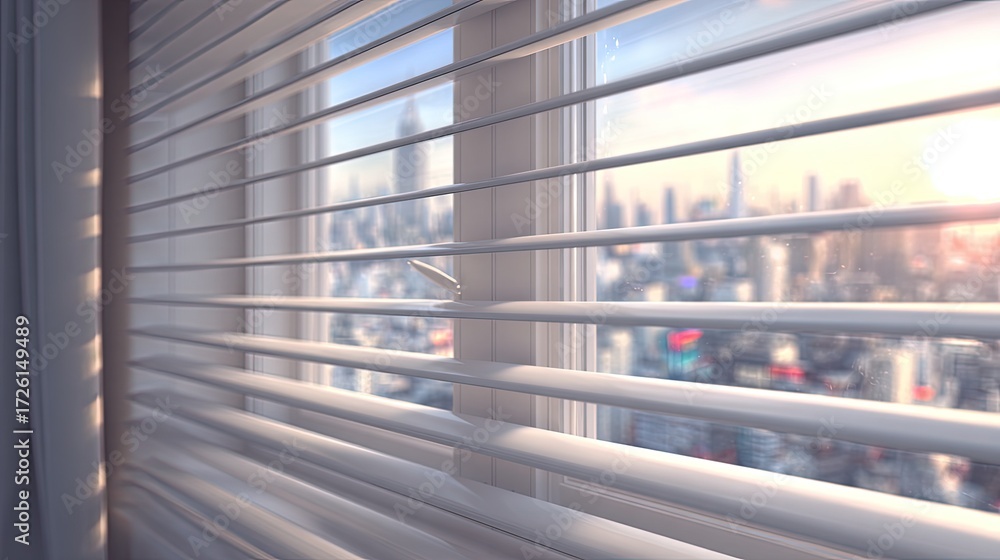 Obraz premium Cityscape View Through White Blinds