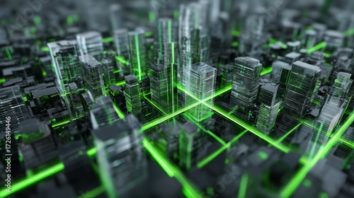Futuristic Cityscape with Green Neon Lights and Transparent Architecture Elements