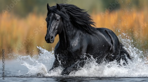 Majestic Black Horse Running Through Water in Natural Landscape Scene
