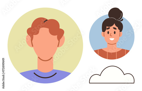 Two flat-style portraits one male and one female, each inside simple circular backgrounds. Includes a cloud outline. Ideal for communication, diversity, teamwork, connection, networking, profiles