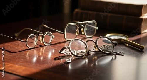 Wallpaper Mural Vintage Eyewear Display on Wooden Desk, Still Life Photography, Warm Lighting, Elegant Environment Torontodigital.ca