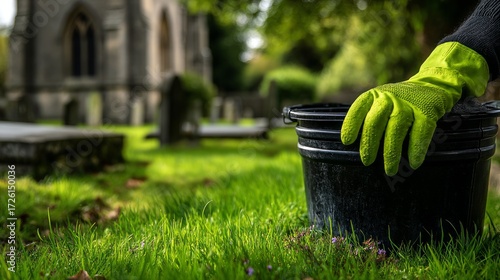 Vibrant Green Glove Handling Bucket in Lush Cemetery Setting Under Soft Light