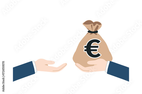 Handing over a euro money bag, flat vector icon for business, finance, investment, stock market, European Union currency｜ユーロ通貨の袋を手渡すフラットベクターイラスト
